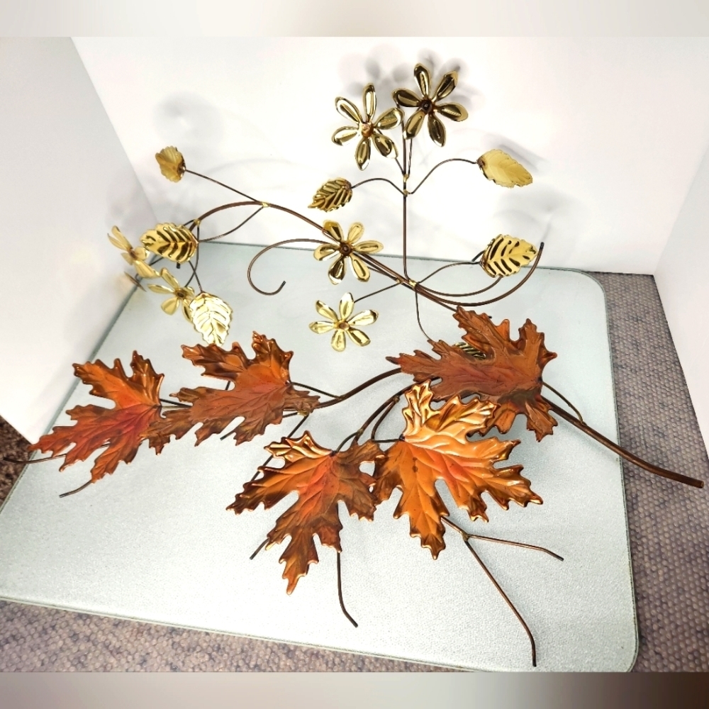 Lot 2 pieces vintage brass wall art‎ gold floral & copper fall oak leaves